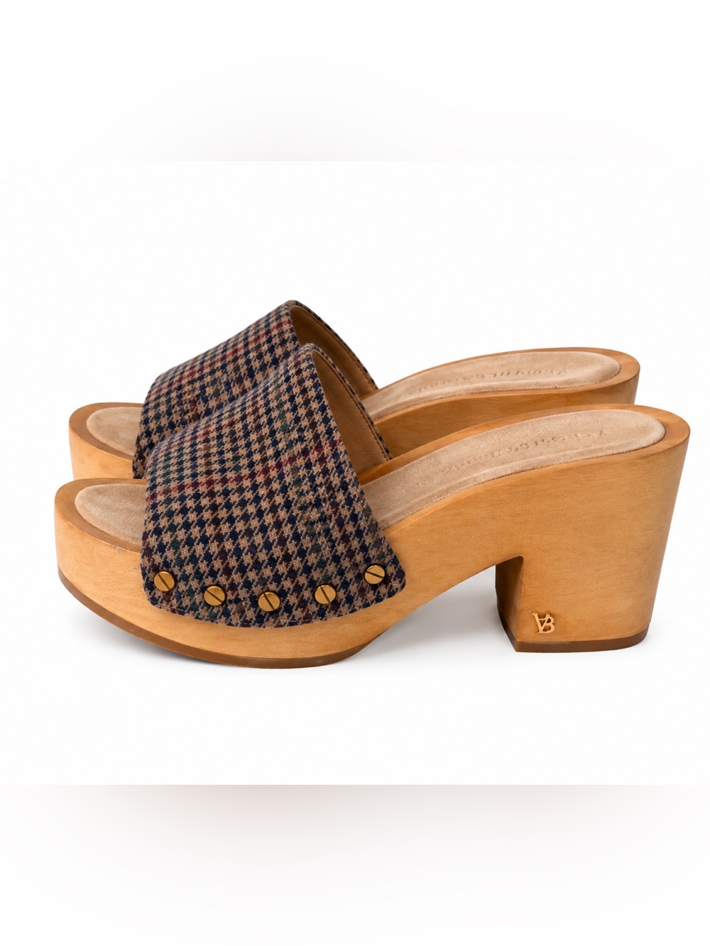 Veronica Beard Tan Wooden Platform Mules with Houndstooth Strap